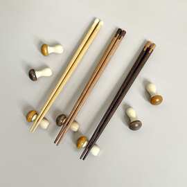 日式家用实木筷子小清新尖头学生筷蘑菇筷子架原木筷架筷托