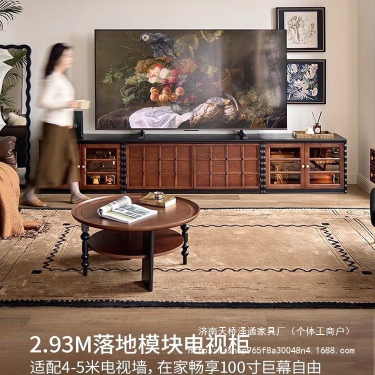 Zt French Retro Solid Wood Tv Cabinet Living Room Wall Storage Cabinet Antique Style Floor Cabinet Combination Cabinet Checkerboard Cabinet