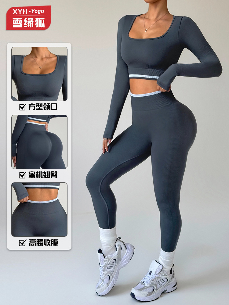 Europa y América color contraste trajes deportivos de yoga de mujer cuello cuadrado sexy fitness manga larga correr fitness mel mel pecado