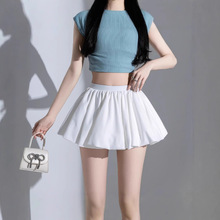 撞色格子花苞半身裙女夏季新款小个子高腰a字裙防走光蓬蓬短裤裙