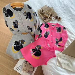 Children's Vest Spring and Autumn 2024 New Boys and Girls Western Style Fashionable Cartoon Cat Knitted Cardigan Vest Top