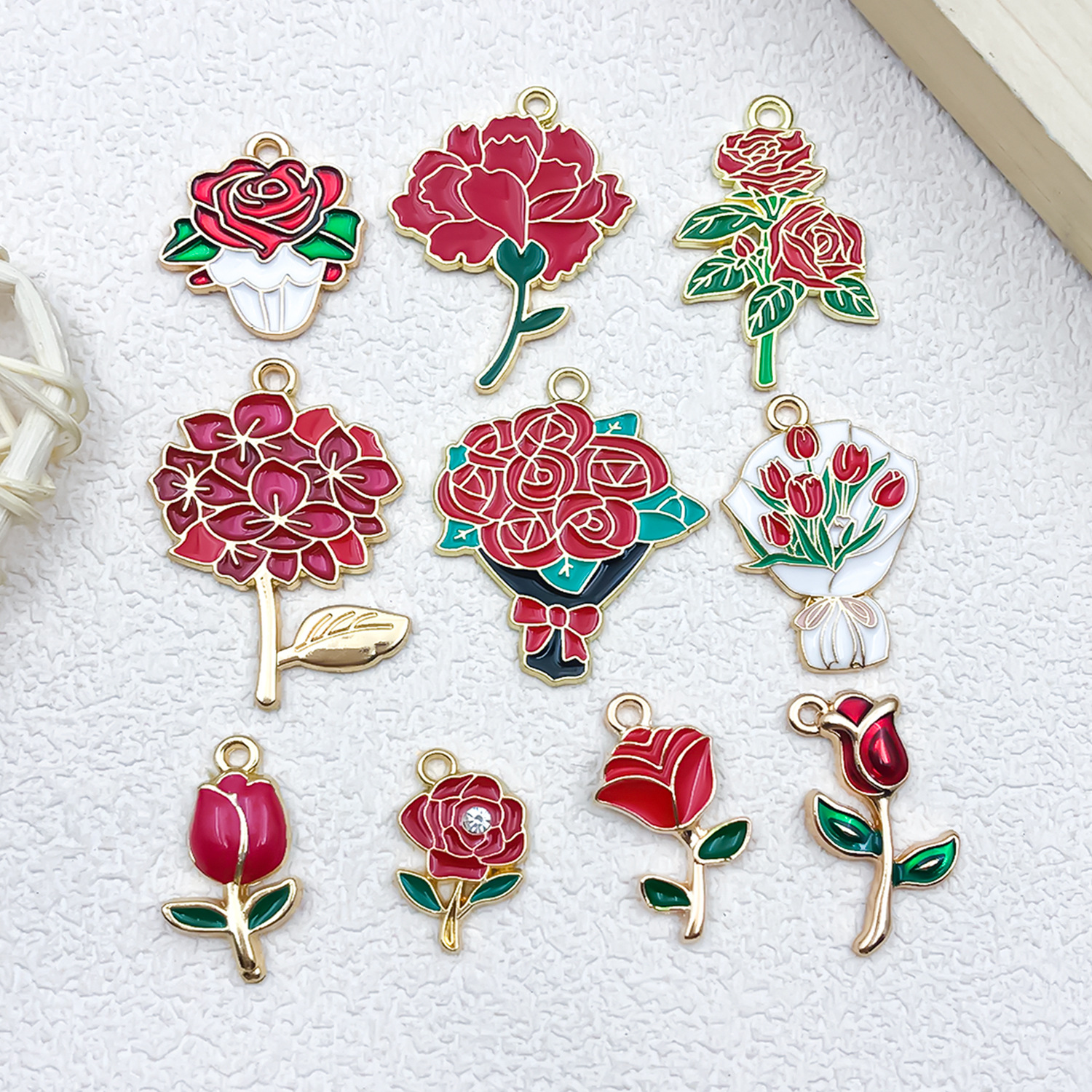 10款滴油红色玫瑰花树枝花合金饰品配件diy挂件项链手链耳钩吊坠
