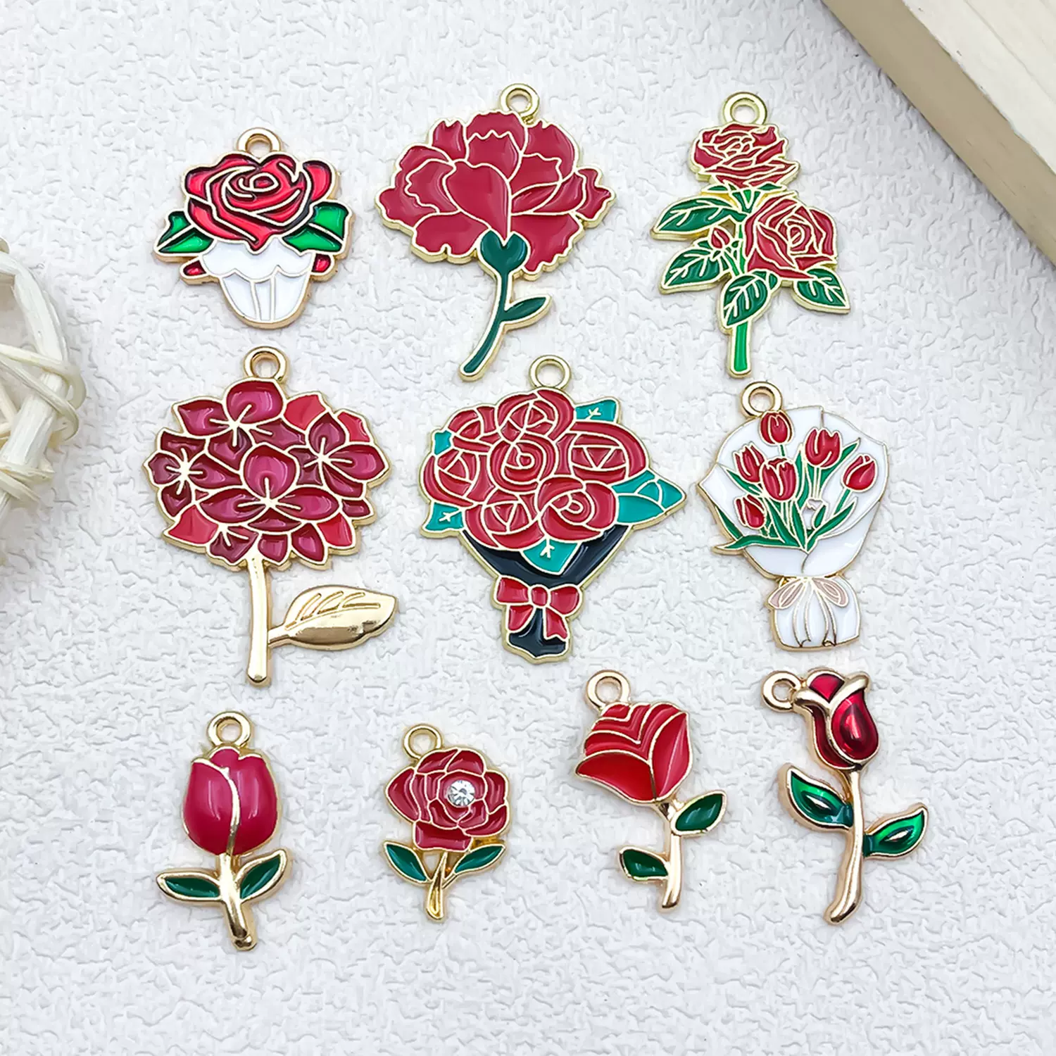 10款滴油红色玫瑰花树枝花合金饰品配件diy挂件项链手链耳钩吊坠