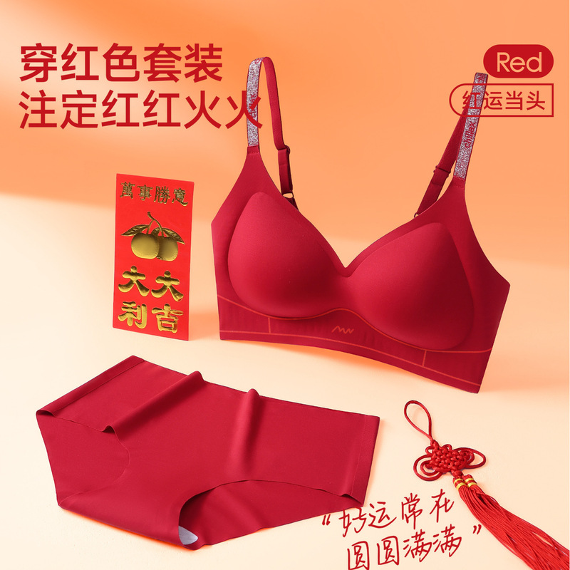 2040 New Year's Red Lingerie Set for Good Luck, Push-Up Bra for Wedding, Seamless Bra