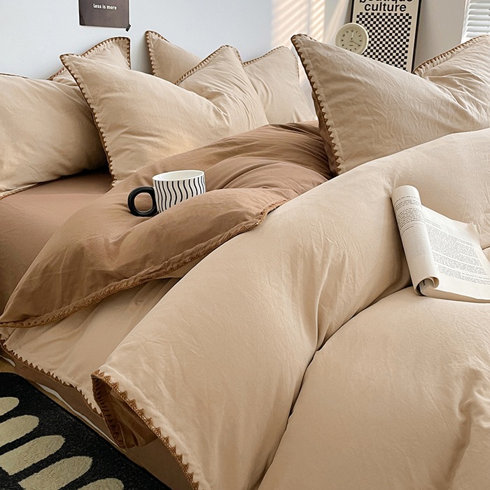 Otoño y invierno de algodón lavado con agua cuatro piezas de sábanas de cama, sábanas de cama, lujo ligero, 2025 nuevo dormitorio estudiantil de tres piezas