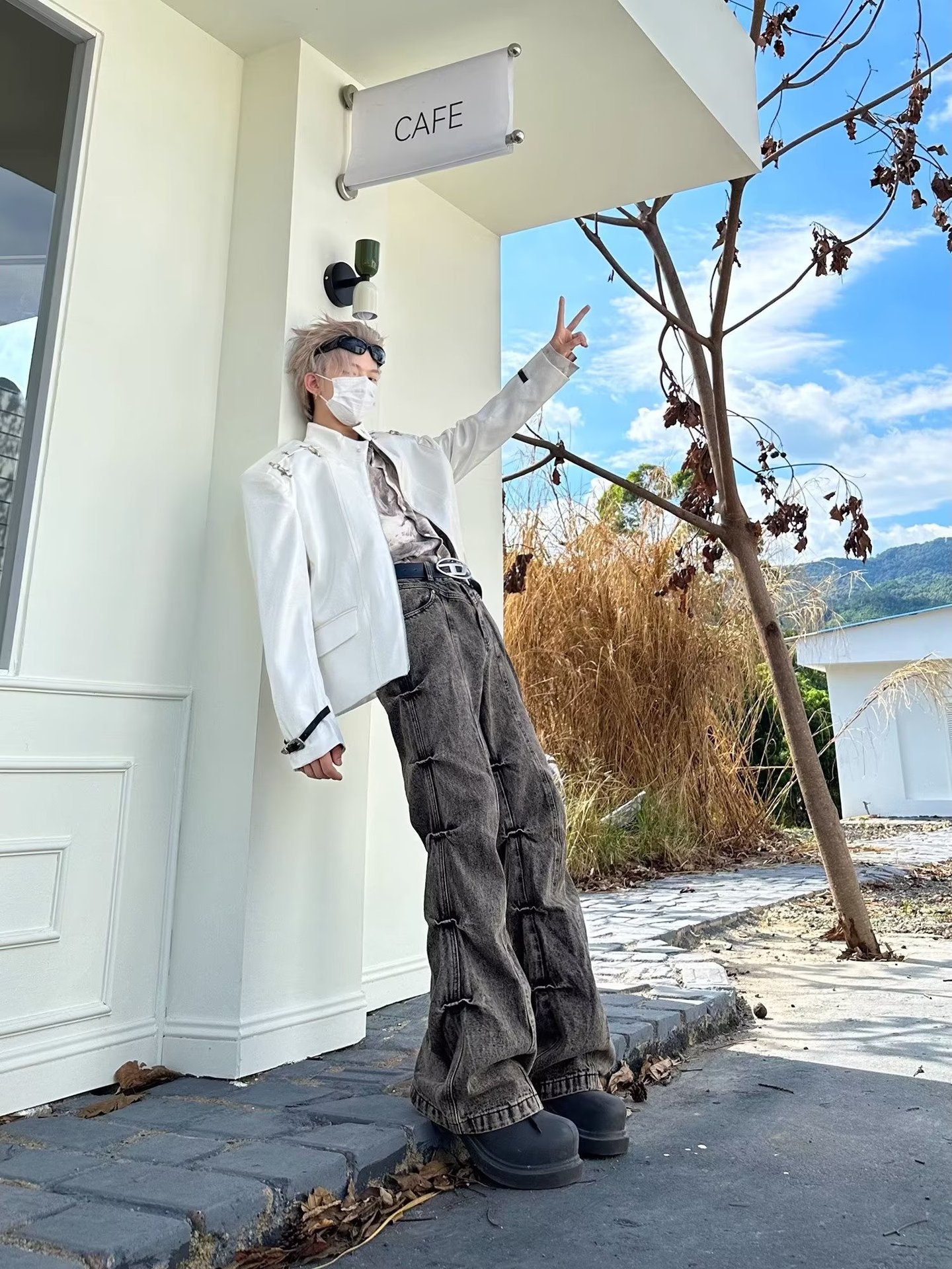 American High Street Vintage Worn-out Earth-tone Washed Pleated Flared Jeans Men's Wide-leg Trendy Long Pants_mkmklike.com