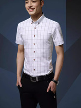 短袖格子衬衫男修身款男士衬衣休闲男装透气薄款男装