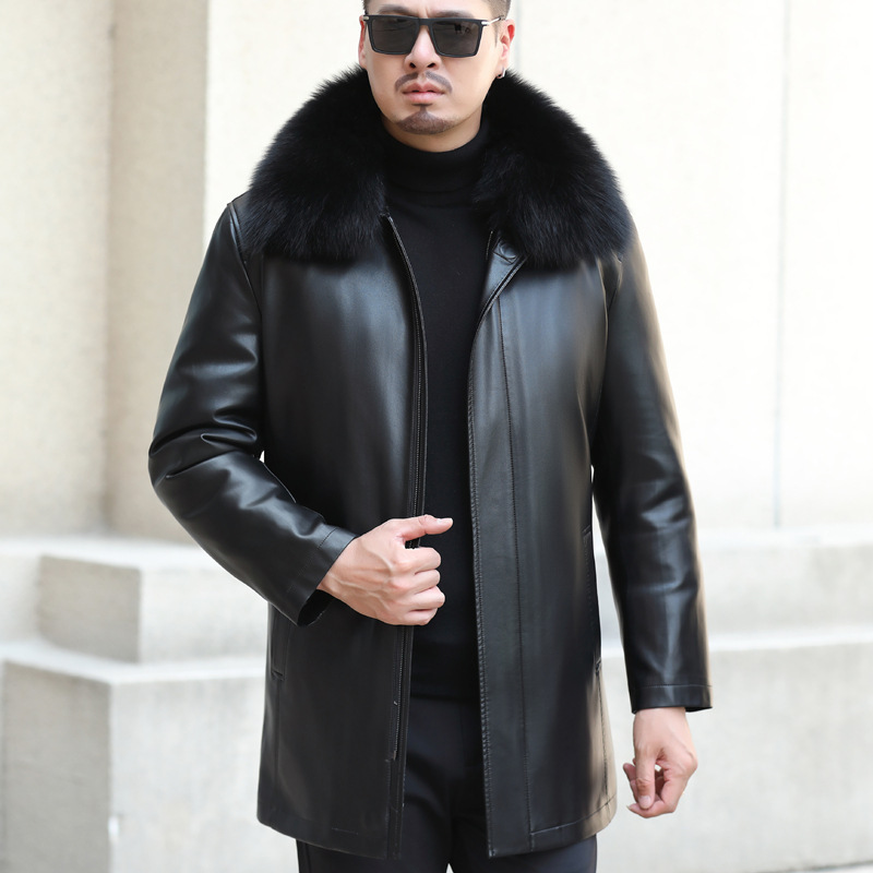 2025 Haining Mid-Length down Jacket for Men, Middle-Aged and Elderly Genuine Leather Jacket with Lapel, Thickened Casual Winter Coat