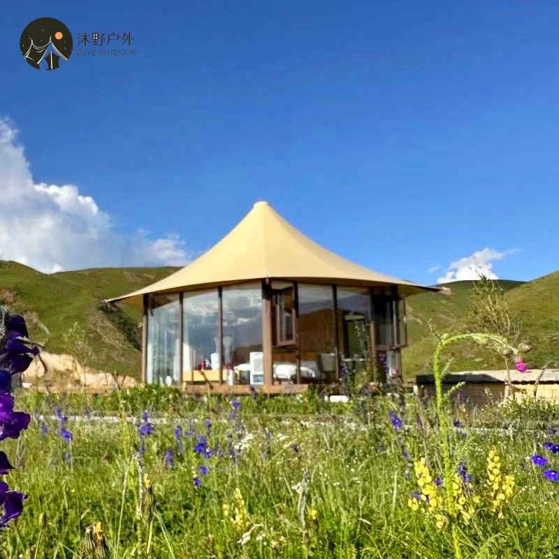 Hexagonal salvaje de vidrio completo sala de comedor tienda de campaña de alta transmisión de luz película PVDF característica patio tienda de campaña