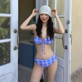 2026甜美少女复古格子性感挂脖简约泰国抹胸比基尼Bikini分体泳衣