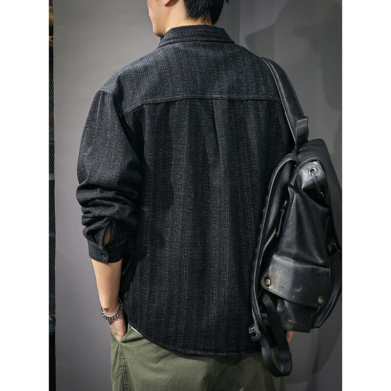 High-End American Retro Jacquard Denim Shirt Men's Loose Large Size Spring & Fall New Stripesd Washed Jacket Trendy