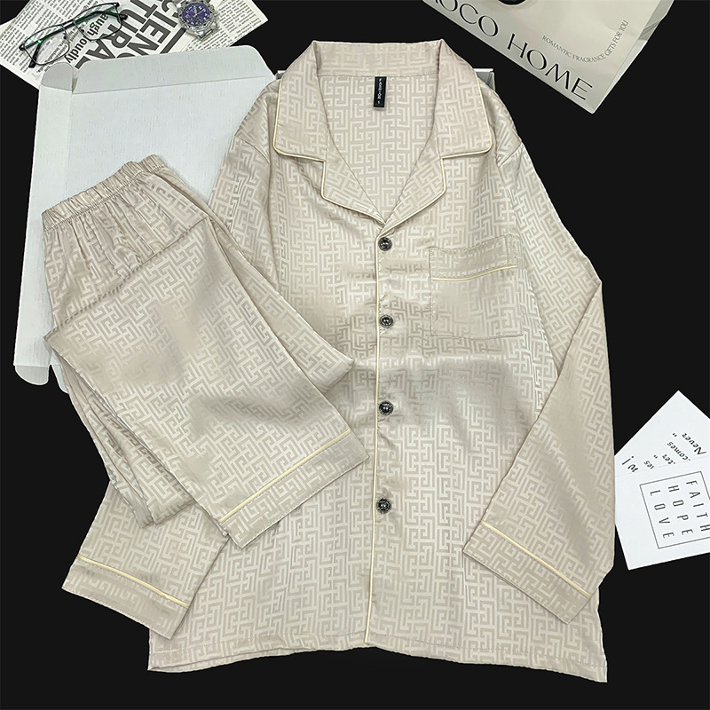 Autumn and Winter Long Pants Silk Casual Cardigan Ice Silk Suit Long-Sleeve Men's Long Pants Simple Comfortable Fashion Loungewear