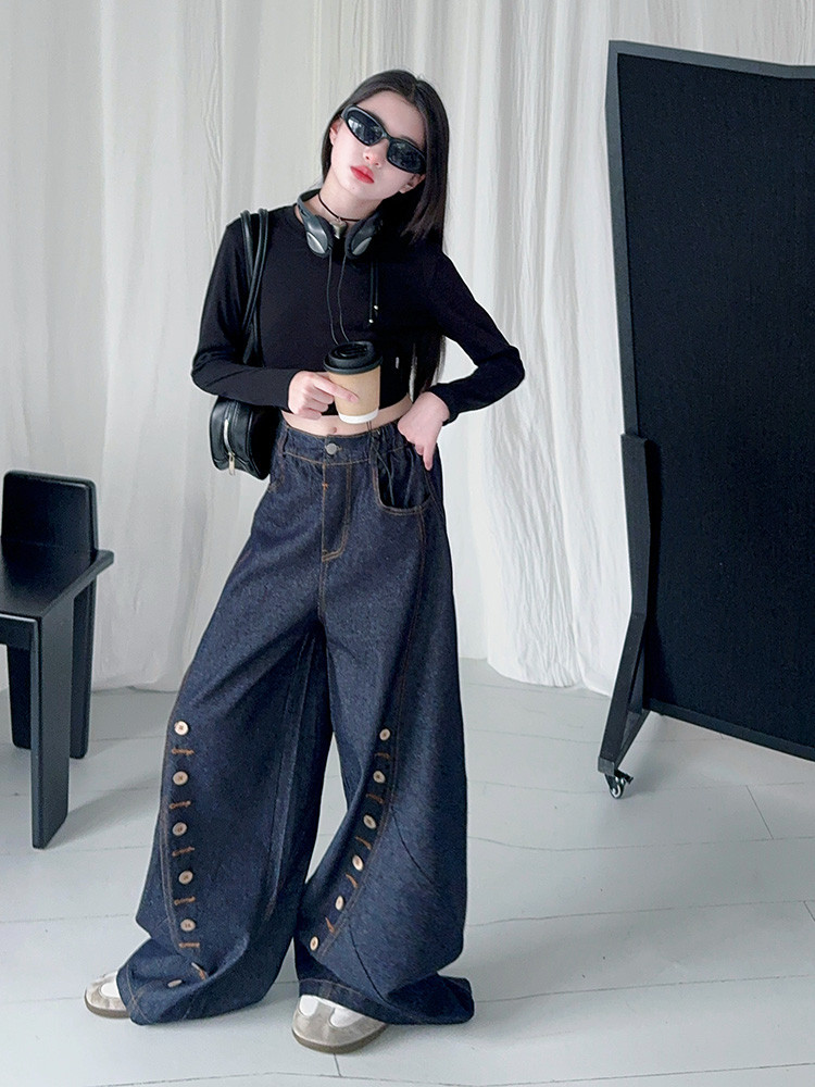 Men's Clothing Buttoned Scimitar Jeans Vintage Button-Fly Curved Hem Jeans For Kids - Soft Denim Stretch Comfort Fit (120-170cm, Unisex)_mkmklike.com