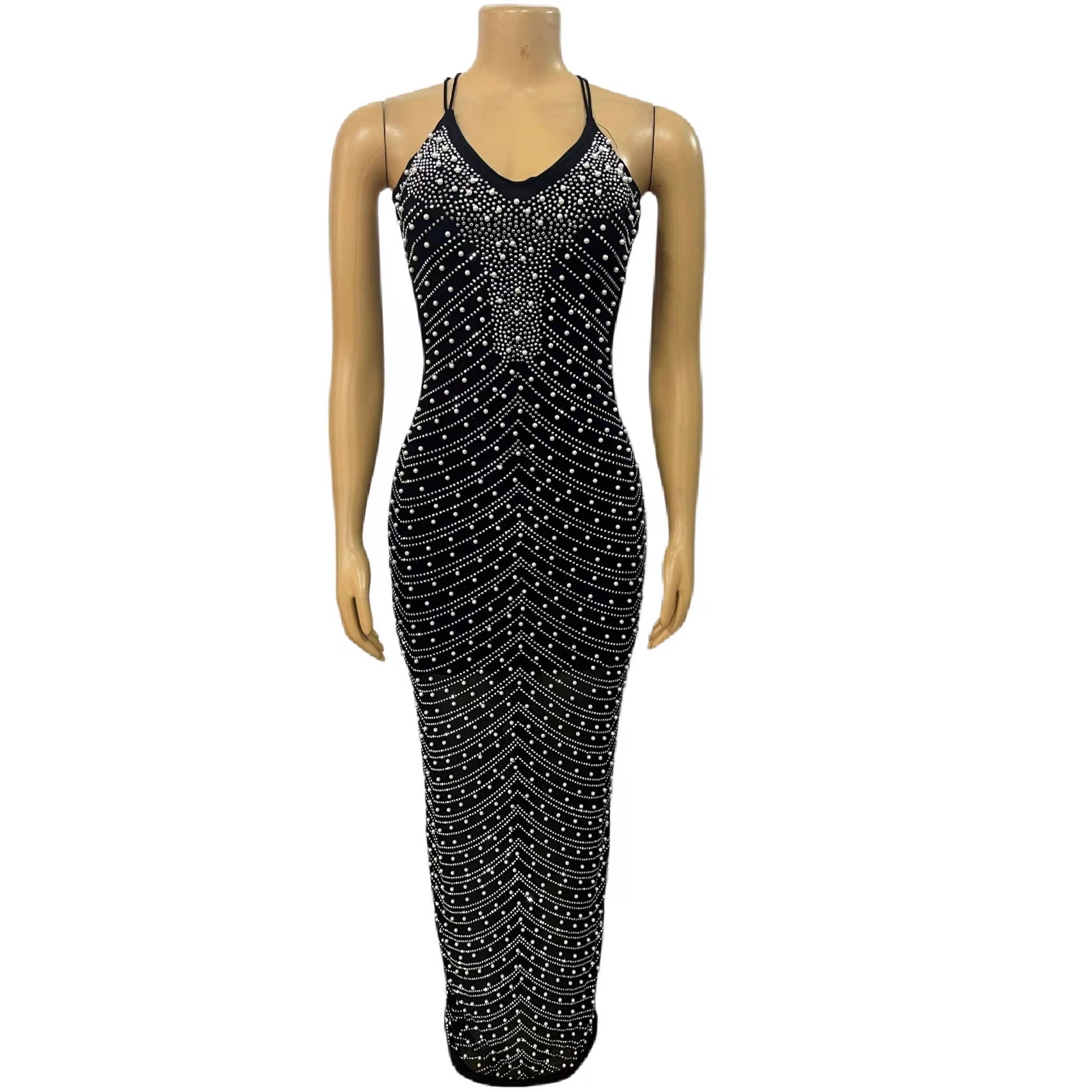 Elegant Backless Bodycon Midi Dress With Pearl Accents | Sexy Mesh & Rhinestone Strap Dress For Parties & Date Nights_ecoleips.com