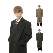 MTLCLOTHES男装|秋款新品 流行格纹宽松毛呢垫肩长款大衣高级感潮
