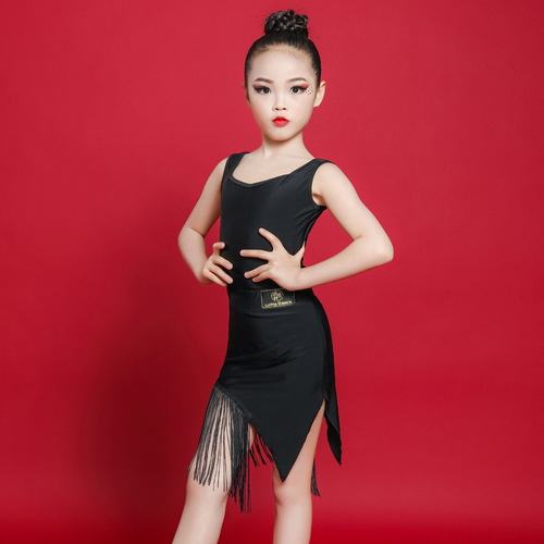 Black fringed Latin dance dresses for kids children Latin dance skirt competition latin costumes latin performance clothing girls