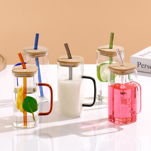 加厚高硼硅玻璃杯家用简约耐高温带把带盖高颜值彩色吸管牛奶杯子