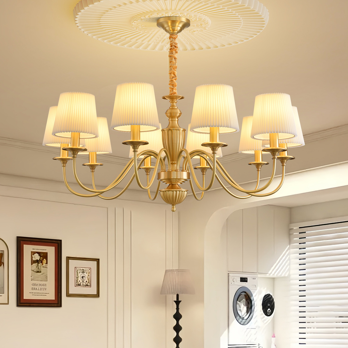 Lámpara de la sala de estar de estilo americano de cobre sala de vestíbulos de tela retrógrada simple atmósfera nueva iluminación creativa de restaurante 413L