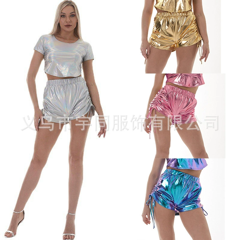 Шорты с высокой талией и шнурком, женская сексуальная модная универсальная одежда для выступлений, шорты из полиуретана, бронзовые однотонные женские в наличии оптом