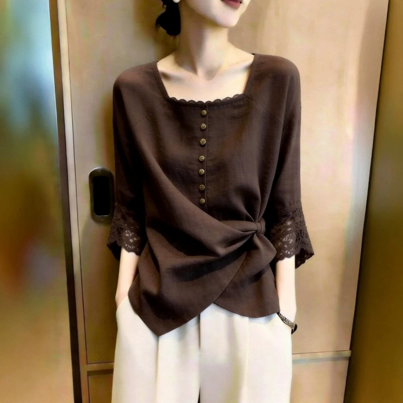2026 Summer New Women's Single-Breasted Lace Cuff Blouse in Gentle Coffee Brown with Elegant Style 2026 Summer New Women's Single-Breasted Lace Cuff Blouse in Gentle Coffee Brown with Elegant Style