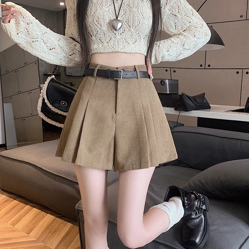 Corduroy Pleated Shorts for Women 2025 Autumn and Winter New High-Waist Slim Wide-Leg Pants Fashionable Elegant A-Line Boot Pants