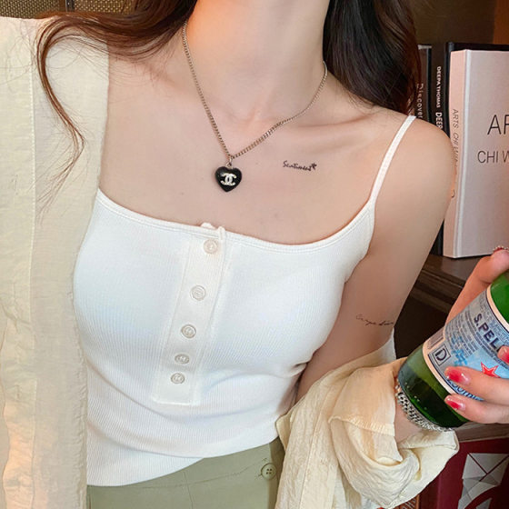 Korean-style Threaded Cotton Collarbone Row Button Sling Strap Beautiful Back Vest Women's Summer Square Collar Slim-fit Outer Wear Base Top Trendy