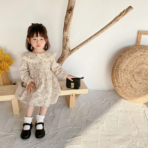 Children's Dress Spring and Autumn New Style Girls' Fashionable Lace Collar Floral Long Sleeve Dress Korean Style Skirt