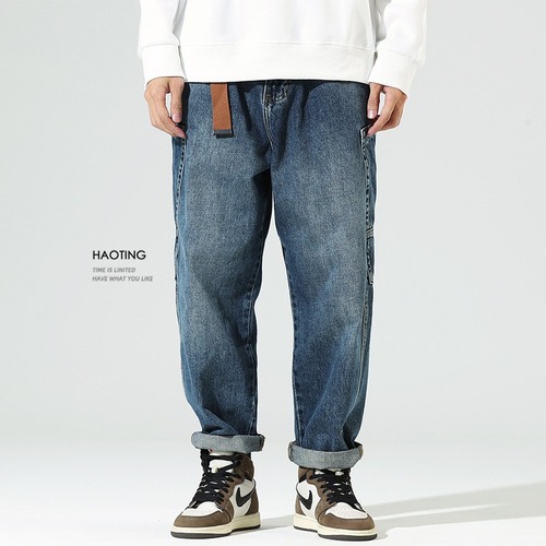 Monte Carlo Japanese workwear jeans for men, loose fit, trendy brand with multiple pockets, straight-leg long pants, American-style men's casual pants, fashionable