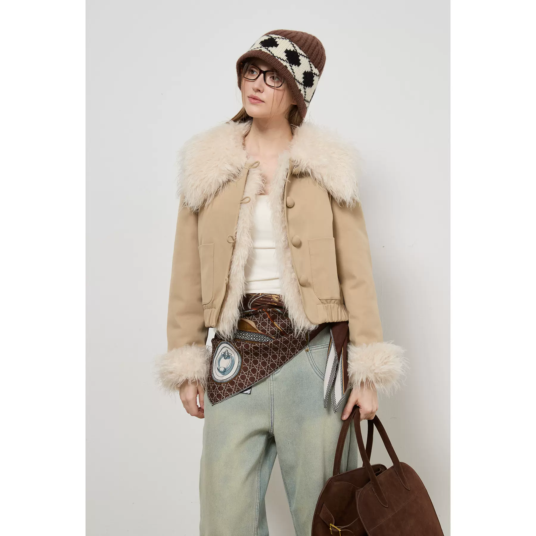 bi备天丝羊毛大翻领毛毛内里加厚小香风短款外套女式夹克韩版百搭