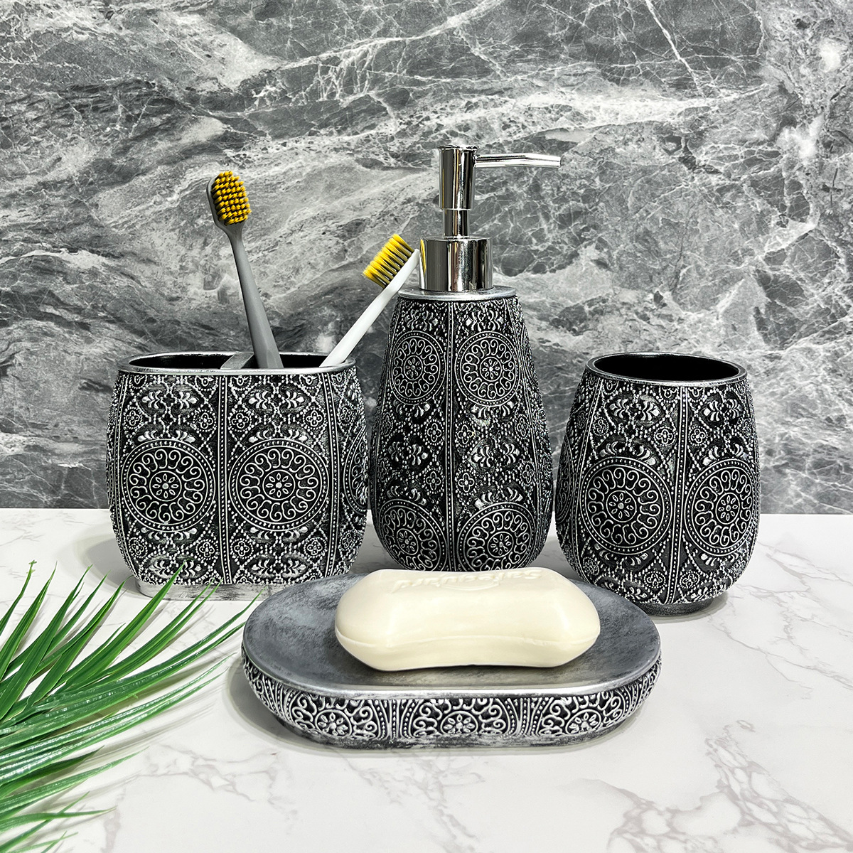 Baño nórdico, lavado de cuatro piezas, baño bohemio pintado, baño, resina, decoración de baño de hotel