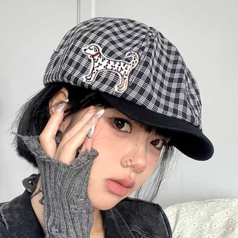 小狗复古日系贝雷帽显脸前进格纹大头画家可爱鸭舌帽子百搭报童帽|undefined
