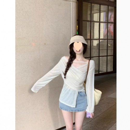 Irregular Collar Top Careful Design Summer Sun Shirt Long Sleeve Thin Breathable Air Conditioning Shirt Irregular Split T-Shirt