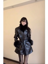 美式时尚潮酷炸街感西装皮衣外套秋冬新款系带收腰夹克上衣女