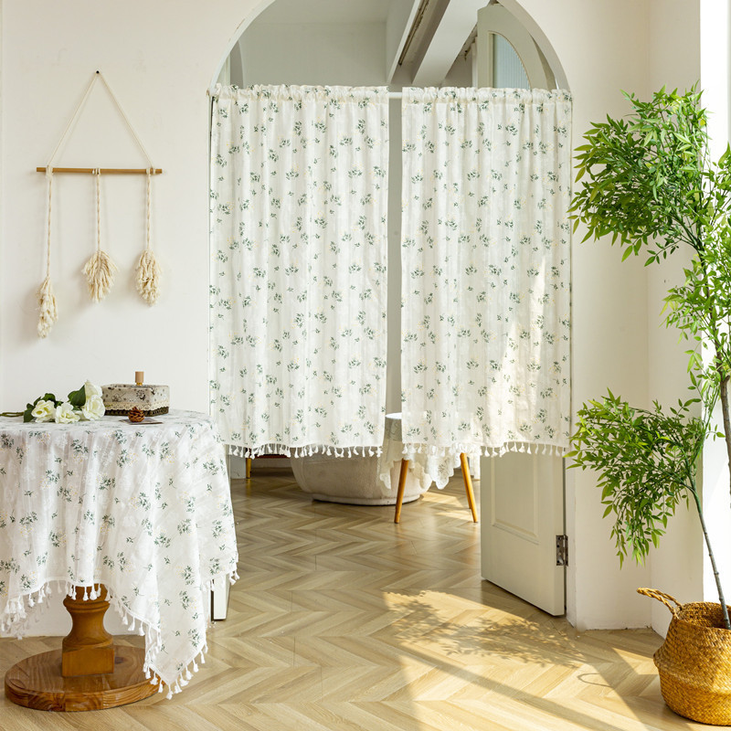 Cross-border Cotton ins-style Japanese-style Punch-free Partition Curtain Korean-style Printed Kitchen Tassel Door Curtain Short Curtain Hanging Curtain