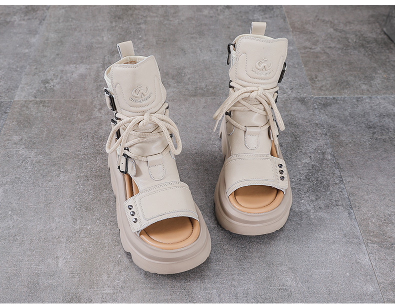 Dép sandal nữ hở mũi cổ điển da thật đế dày — màu be chi tiết 11