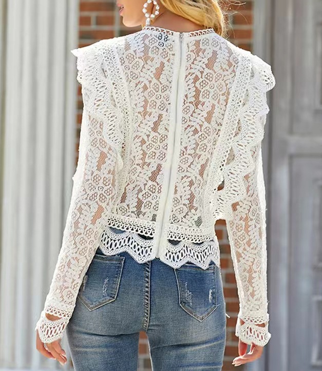 Women's Long Sleeve Blouse Sexy Hollowed Out Lace Top Solid Color Base American Style New Design Coat_ecoleips.com