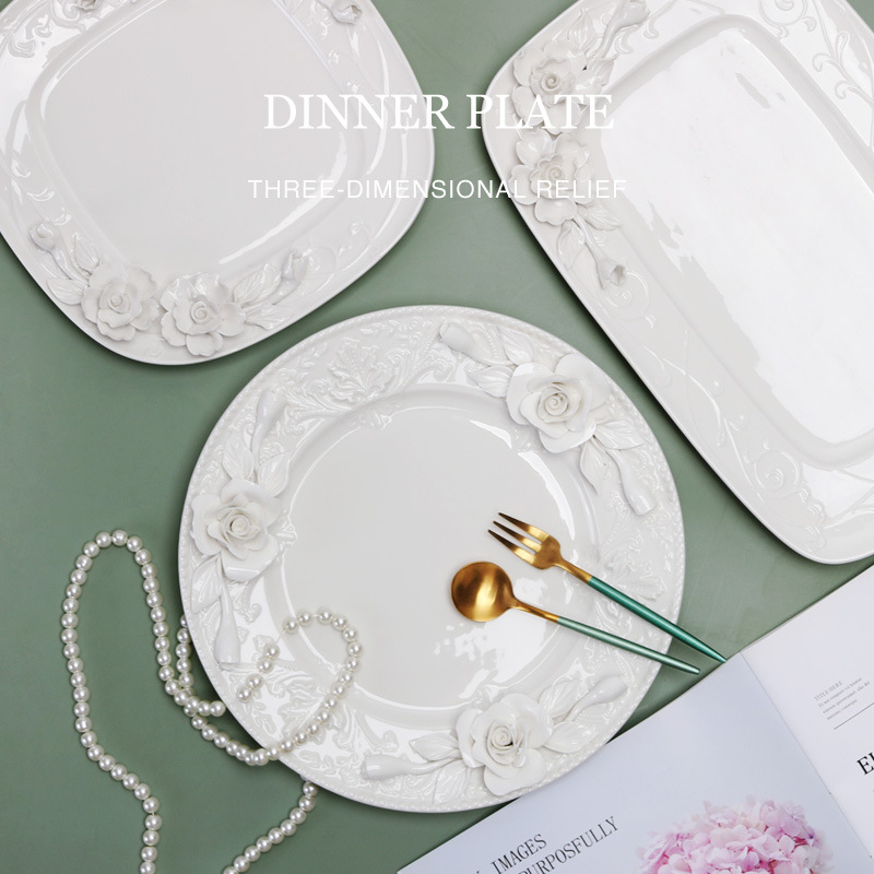 Flor en relieve taza y platillo francés retro taza de café Taza de cerámica y platillo traje de cerámica plato de comida occidental de lujo