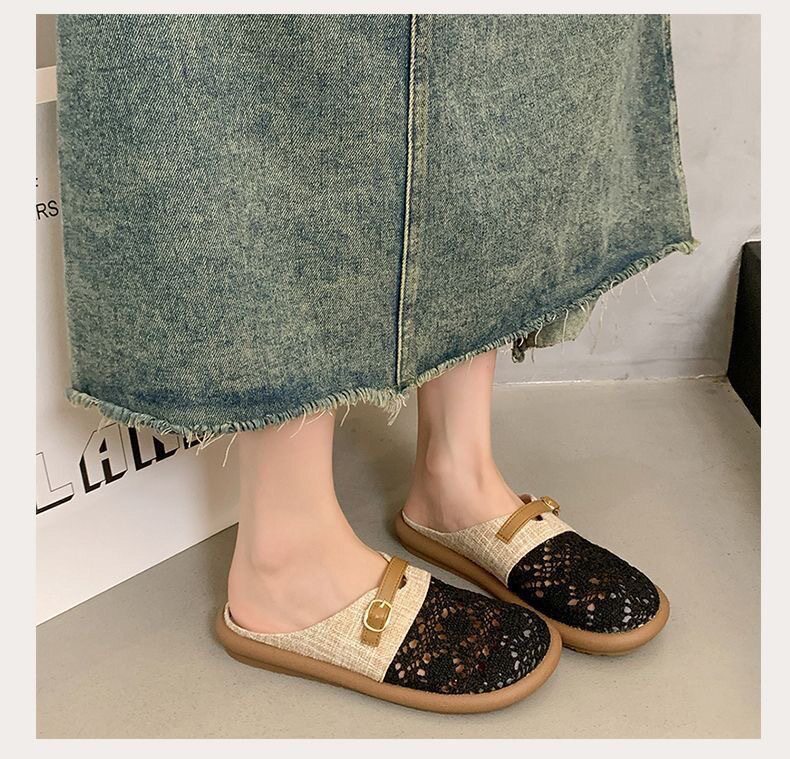 Dép lê nữ bít mũi vải lanh thêu hoa nhí, đế bằng gót thấp 1–3 cm, kiểu xỏ chân thoáng khí — Dép lê nữ S3 - màu be [hộp], Dép lê nữ S3 - màu đen [hộp] chi tiết 11