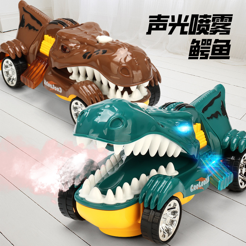 Nuevos productos eléctricos mecánicos cocodrilo carro de guerra universal música iluminación spray cocodrilo coche de juguete para niños puzzle al por mayor