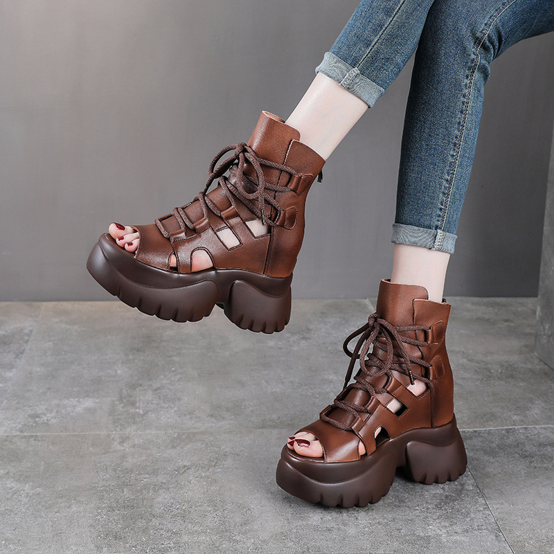 Boot nữ da bò cổ ngắn hở mũi đế cao kiểu La Mã — Màu đen