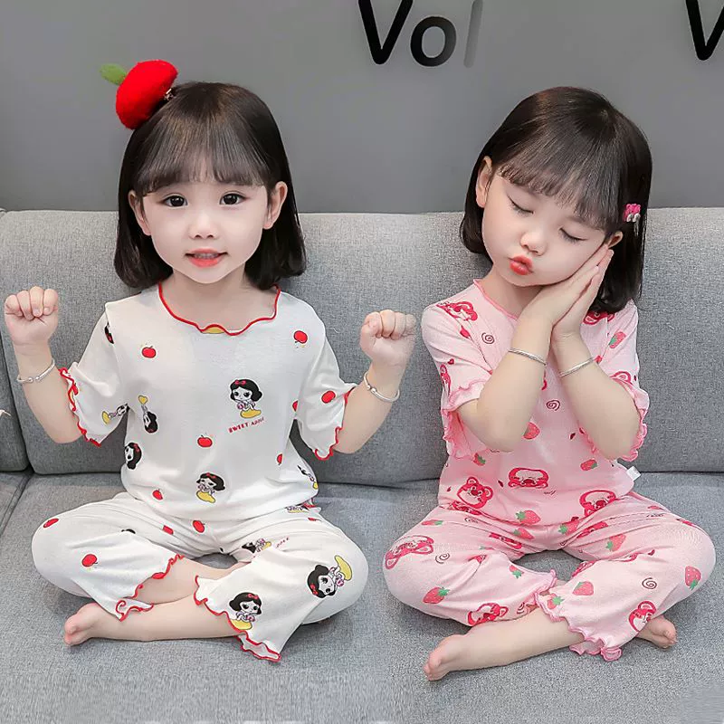 Детская пижама Летний ледяной шелк женский тонкий костюм для кондиционирования воздуха для девочек кружево мультфильм с короткими рукавами