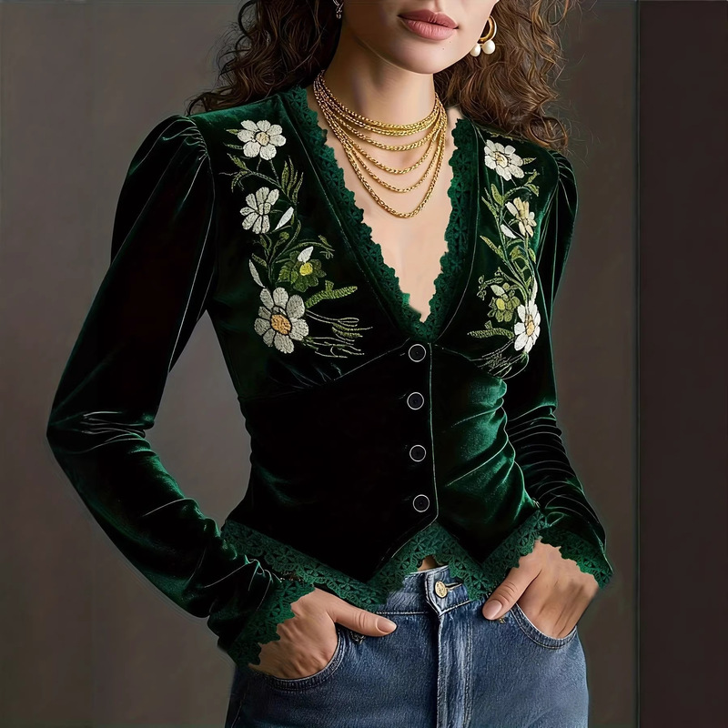 2026 High-End Dark Green Velvet Cardigan with Embroidered Floral and Lace Elements, Deep V-Neck That Highlights the Collarbone 2026 High-End Dark Green Velvet Cardigan with Embroidered Floral and Lace Elements, Deep V-Neck That Highlights the Collarbone