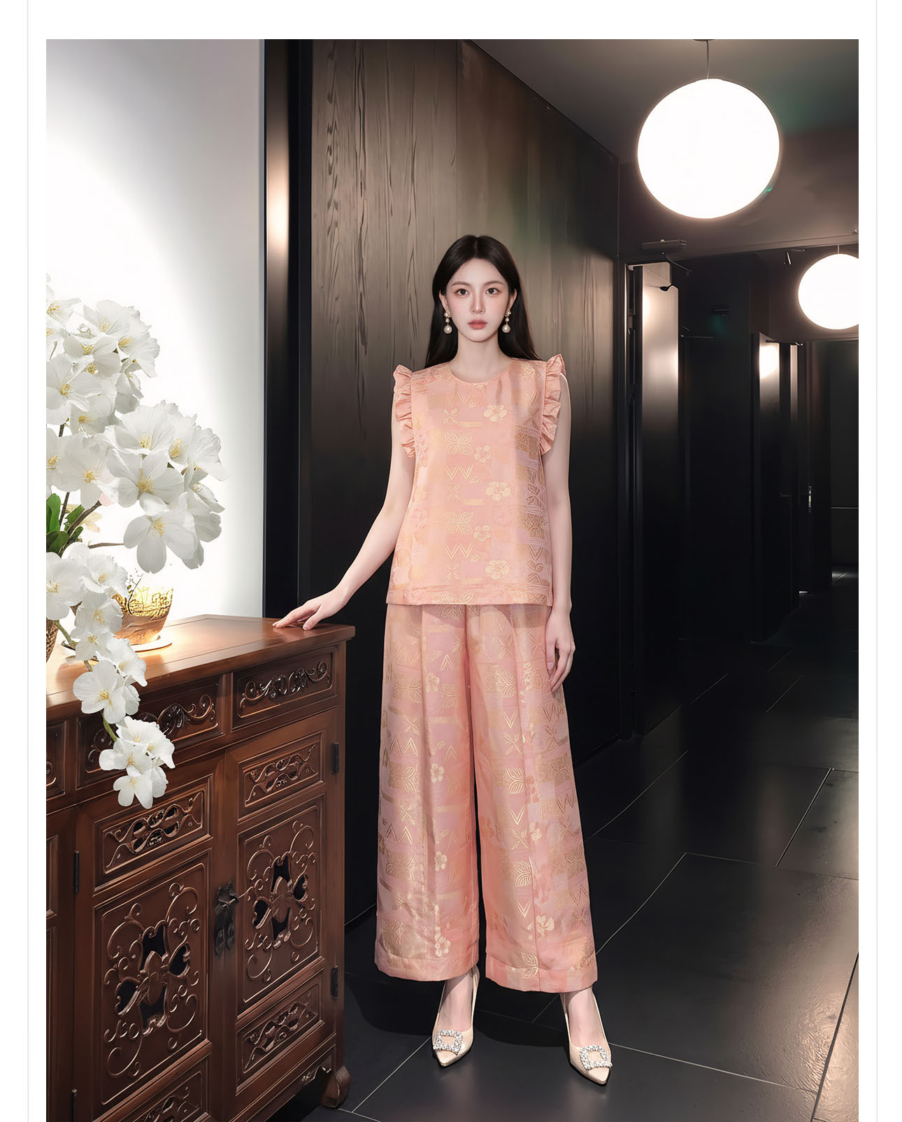 Bộ đồ nữ mùa hè phong cách tân trung hoa áo tay lửng phối quần ống rộng họa tiết jacquard — Trang chủ, bộ đồ, Quần dài chi tiết 5