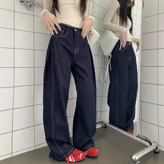 美式復古深藍色闊腿牛仔褲女秋波季顯瘦直筒褲子百搭高腰拖地長褲