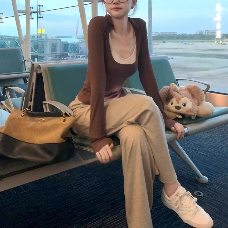 十三行撞色吊带内搭长袖薄款T恤女装2025秋新款设计感显瘦上衣|undefined