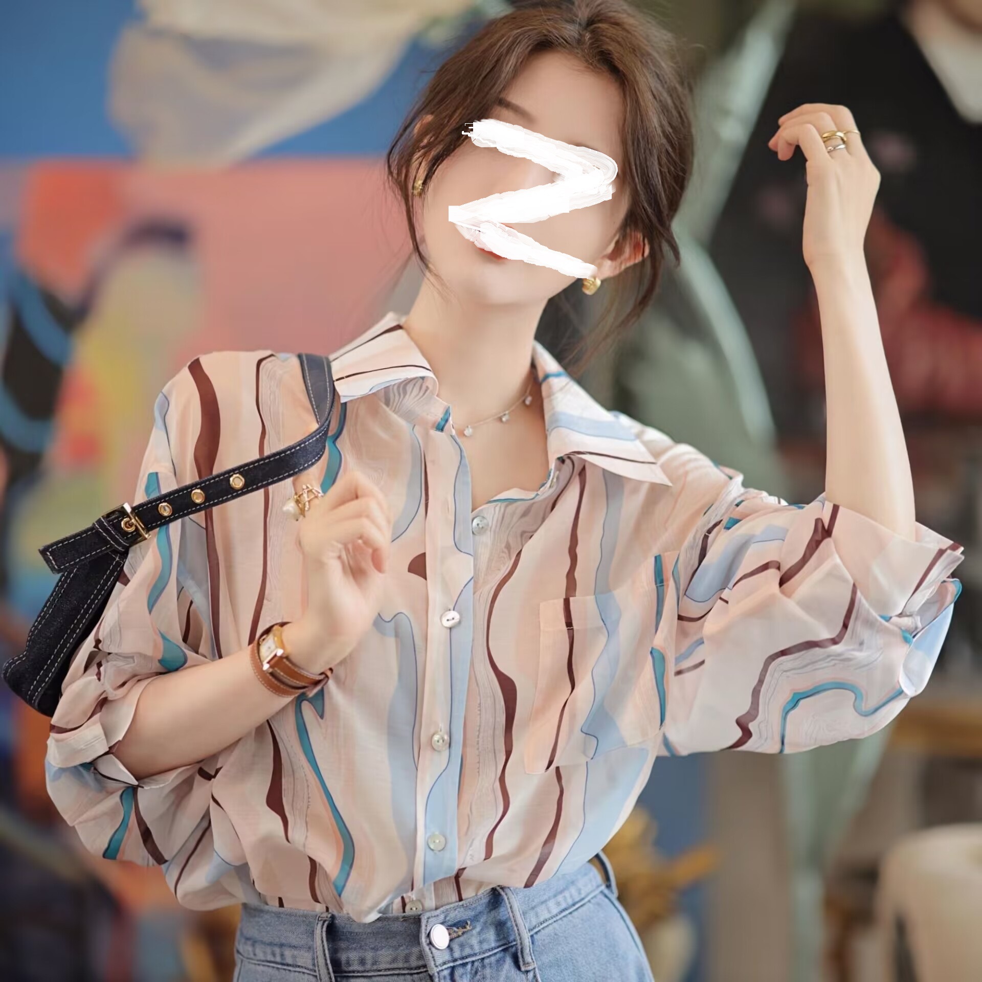 여성용 유사 콘트라스트 셔츠, 텐셀 셔츠, 플로럴 셔츠, 쉬폰 자외선 차단 셔츠, 디자인 니치 셔츠, 지적인