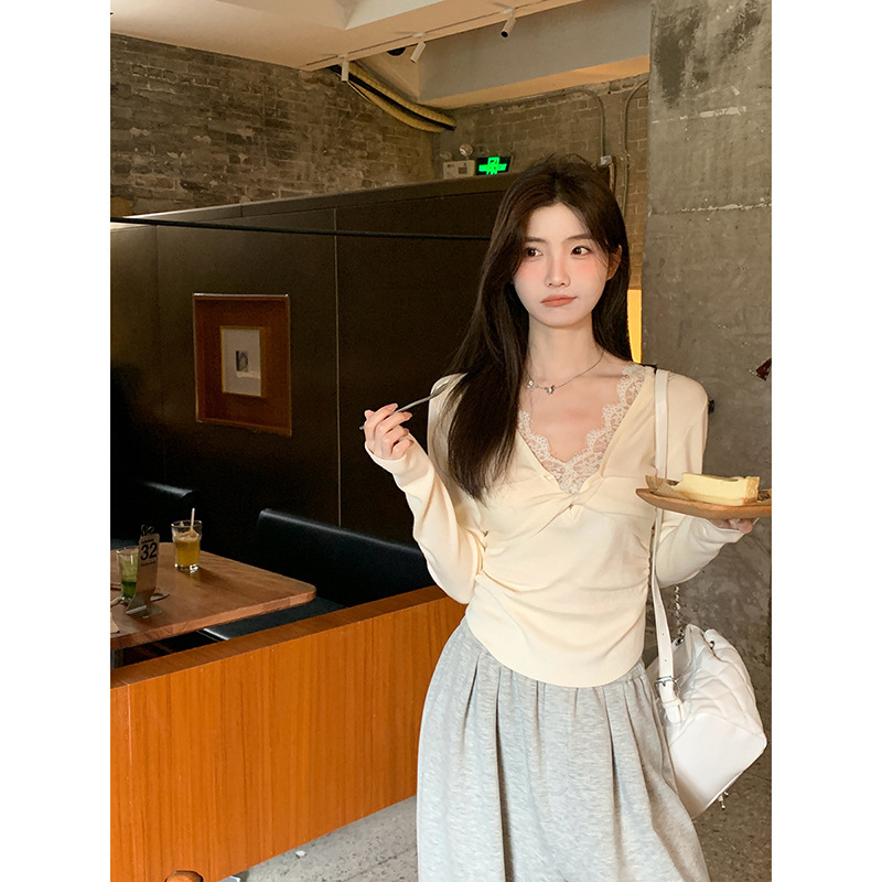 Morning Collar Lazy Style Autumn and Winter New High-end Design Sense V-Neck Pullover Niche Retro Lace Long-sleeved T-shirt Top for Women