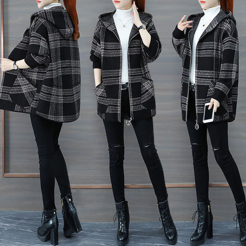 Ladies Hooded Coat 2024 Autumn/Winter New Loose Plaid Zipper Fashion Cardigan Stylish Versatile