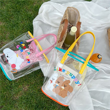 原創可愛卡通小熊透明果凍包防水手提袋子沙灘包學生外出媽咪包