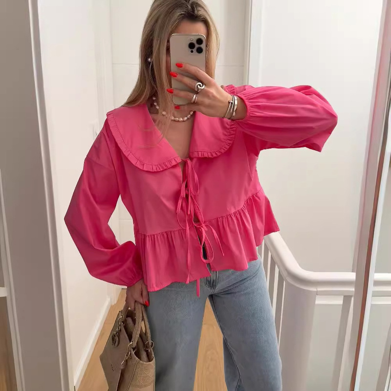 Foreign trade wholesale European and American style 2024 summer new fashion casual Joker 3 color doll collar lace shirt top